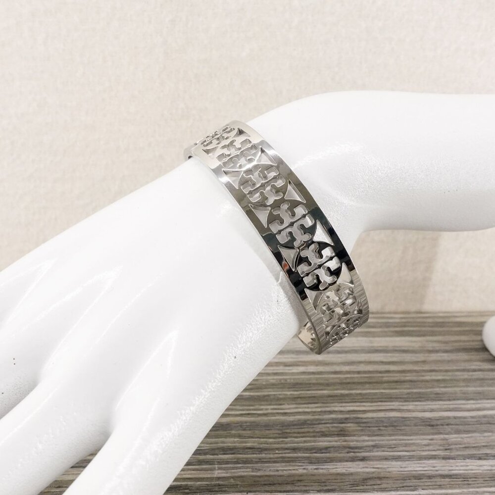 Tory Burch TB Gold Logo Cut out Cuff Bracelet Silver OS - Picture 8 of 10